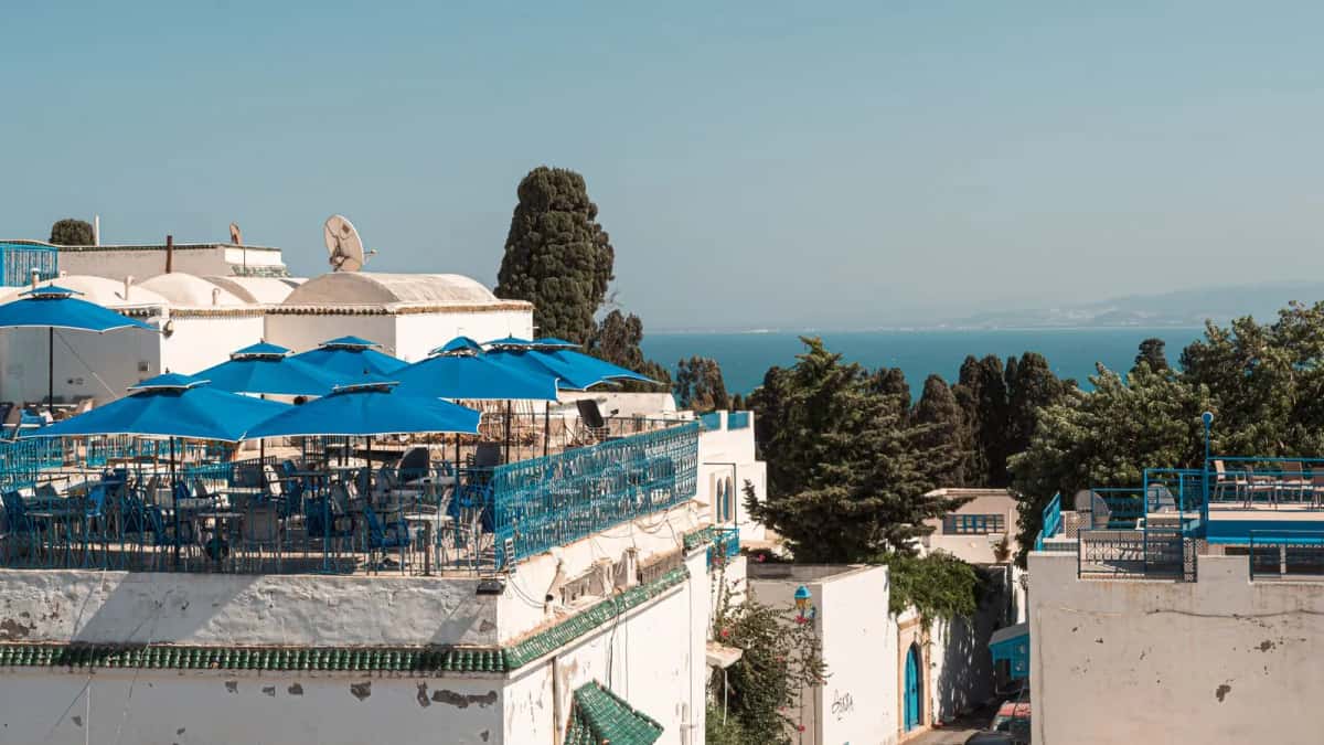 Vue panoramique de Sidi Bou Saïd sur la Méditerranée depuis les toits, Tunisie