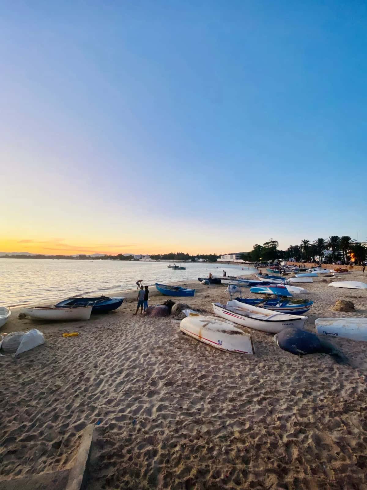 Plage et port de Hammamet au coucher du soleil, Tunisie