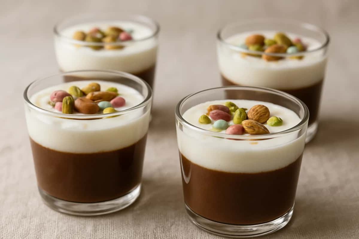 Assida zgougou : verrines de crème de pin d'Alep nappée de crème blanche, pistaches, amandes et dragées