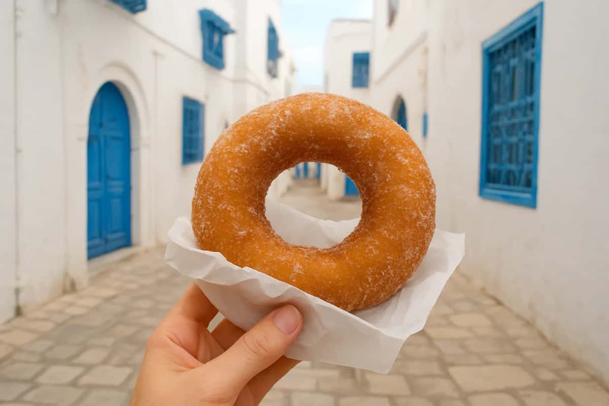 Bambalouni : beignet en couronne roulé dans le sucre, dans une ruelle blanche et bleue