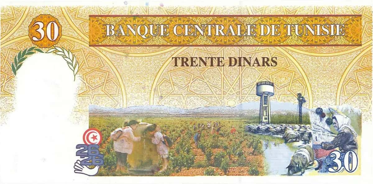 Revers d'un billet de trente dinars tunisiens