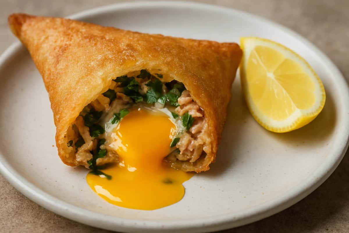 Brik tunisienne dorée à l'œuf coulant, servie avec un quartier de citron