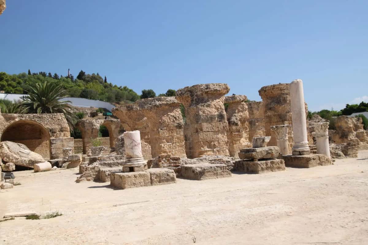 Colonnes et vestiges des thermes d'Antonin sur le site archéologique de Carthage