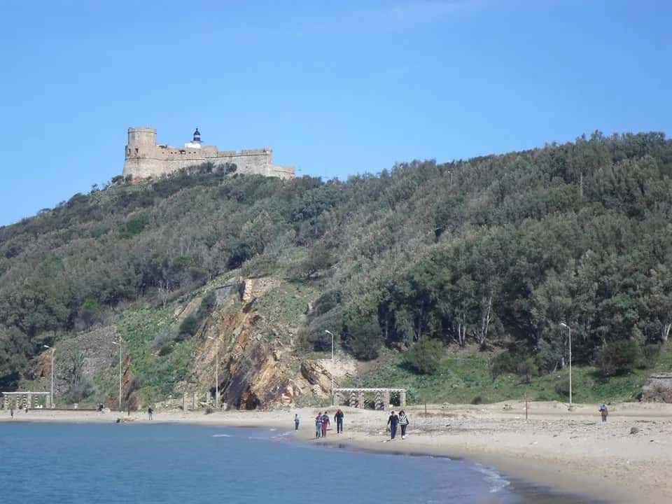 Le fort de Tabarka sur sa colline boisée, au-dessus de la plage
