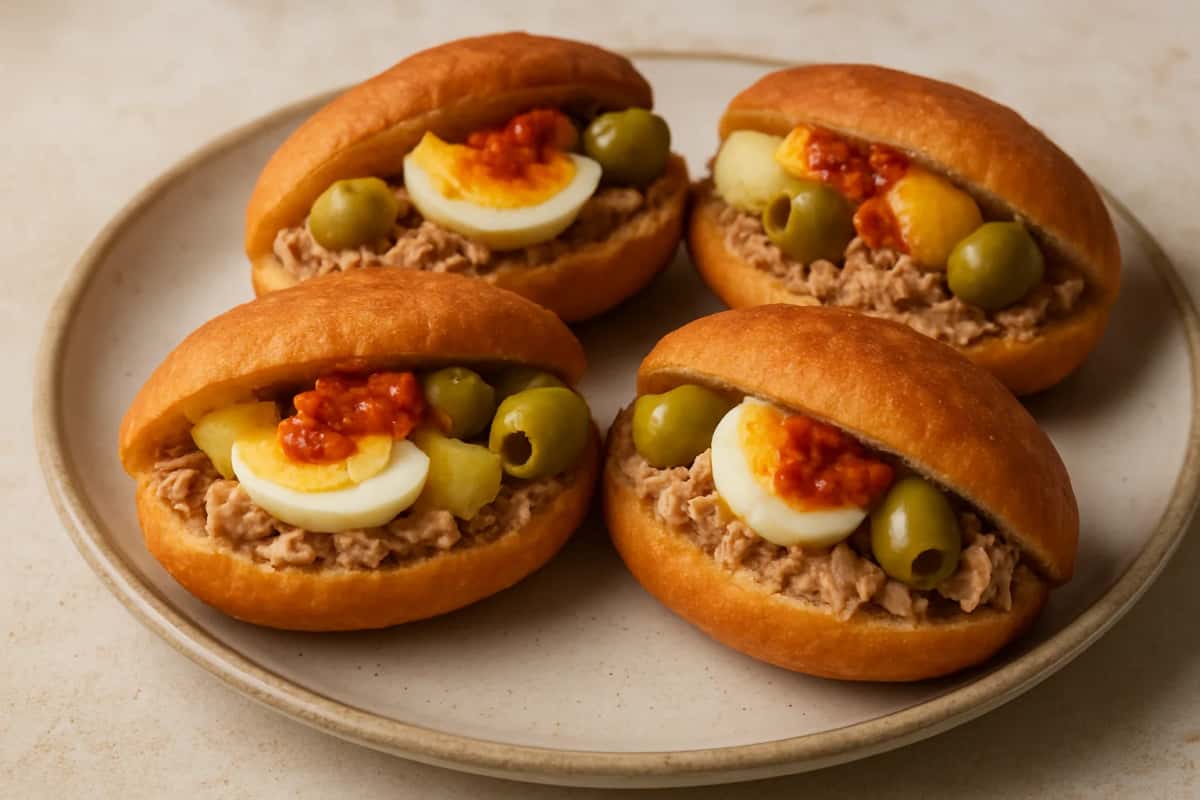 Fricassés tunisiens garnis de thon, olives, œuf dur et harissa