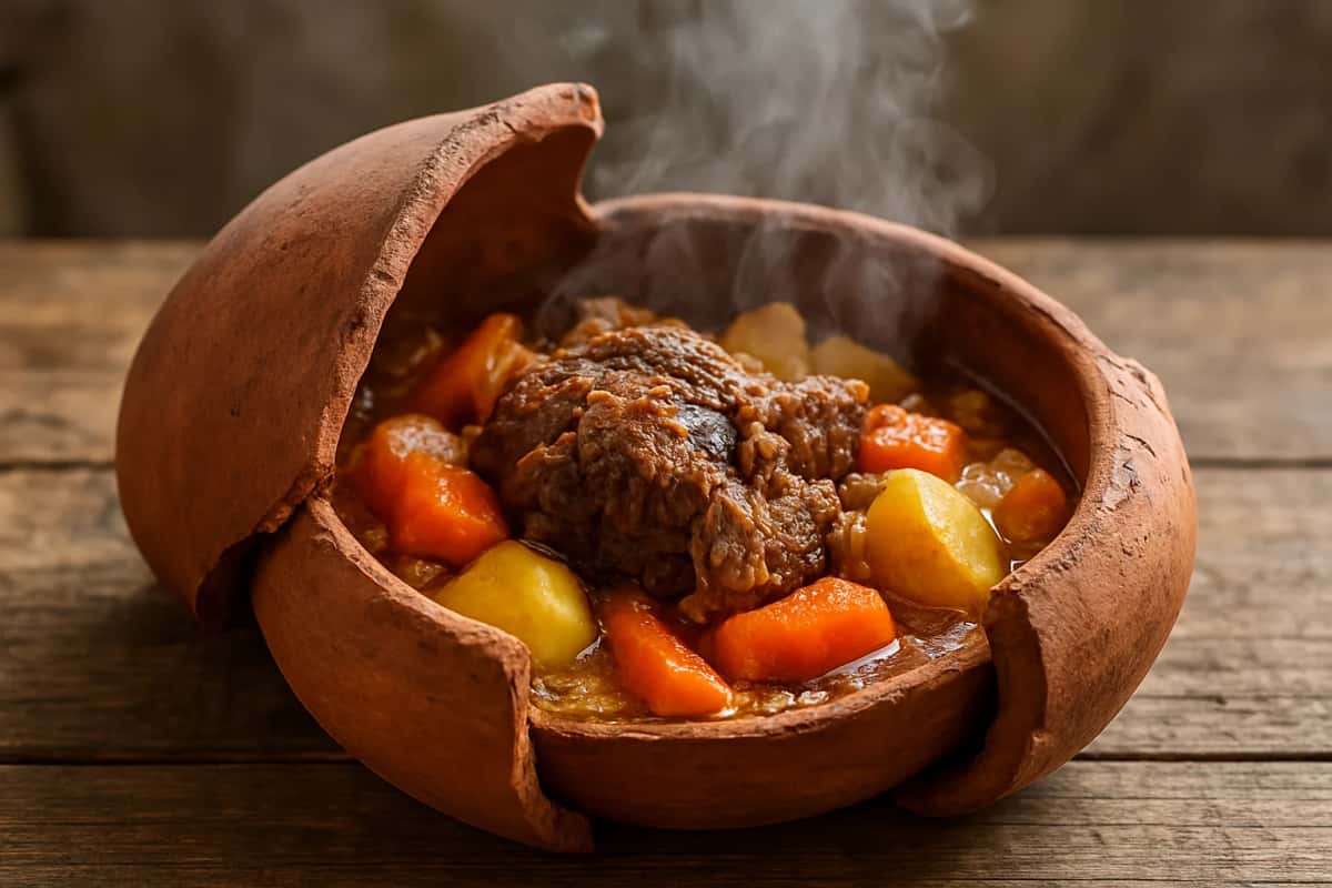 Gargoulette de Djerba, jarre en terre cuite cassée révélant de l'agneau mijoté et des légumes