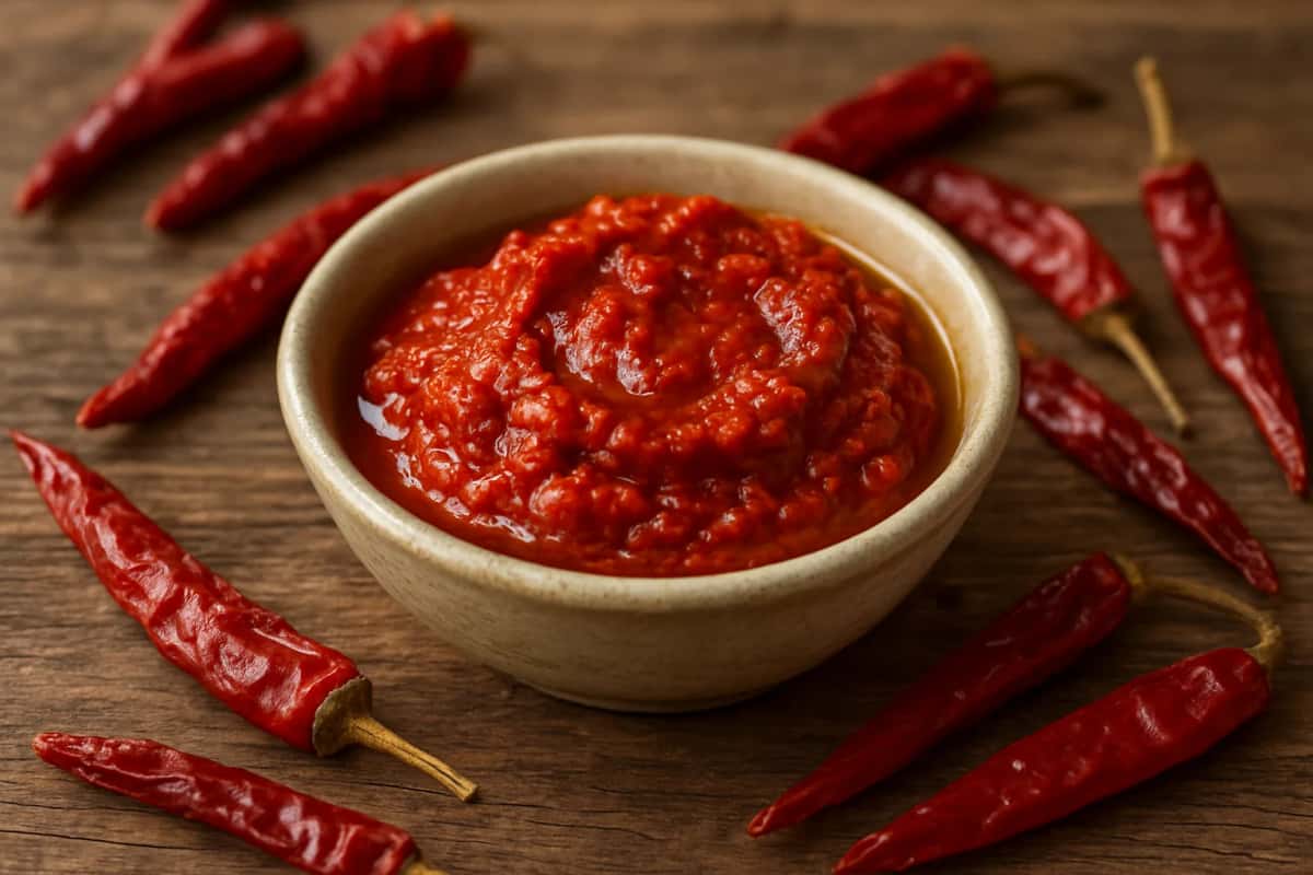 Bol de harissa entouré de piments rouges séchés