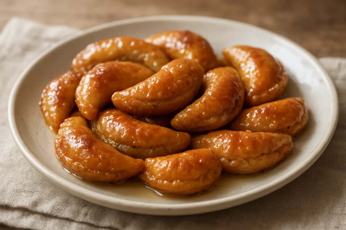Hella : petits croissants de pâte de noisette nappés de sirop