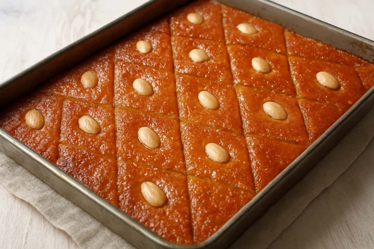 Hersa : gâteau de semoule fourré aux amandes, coupé en parts