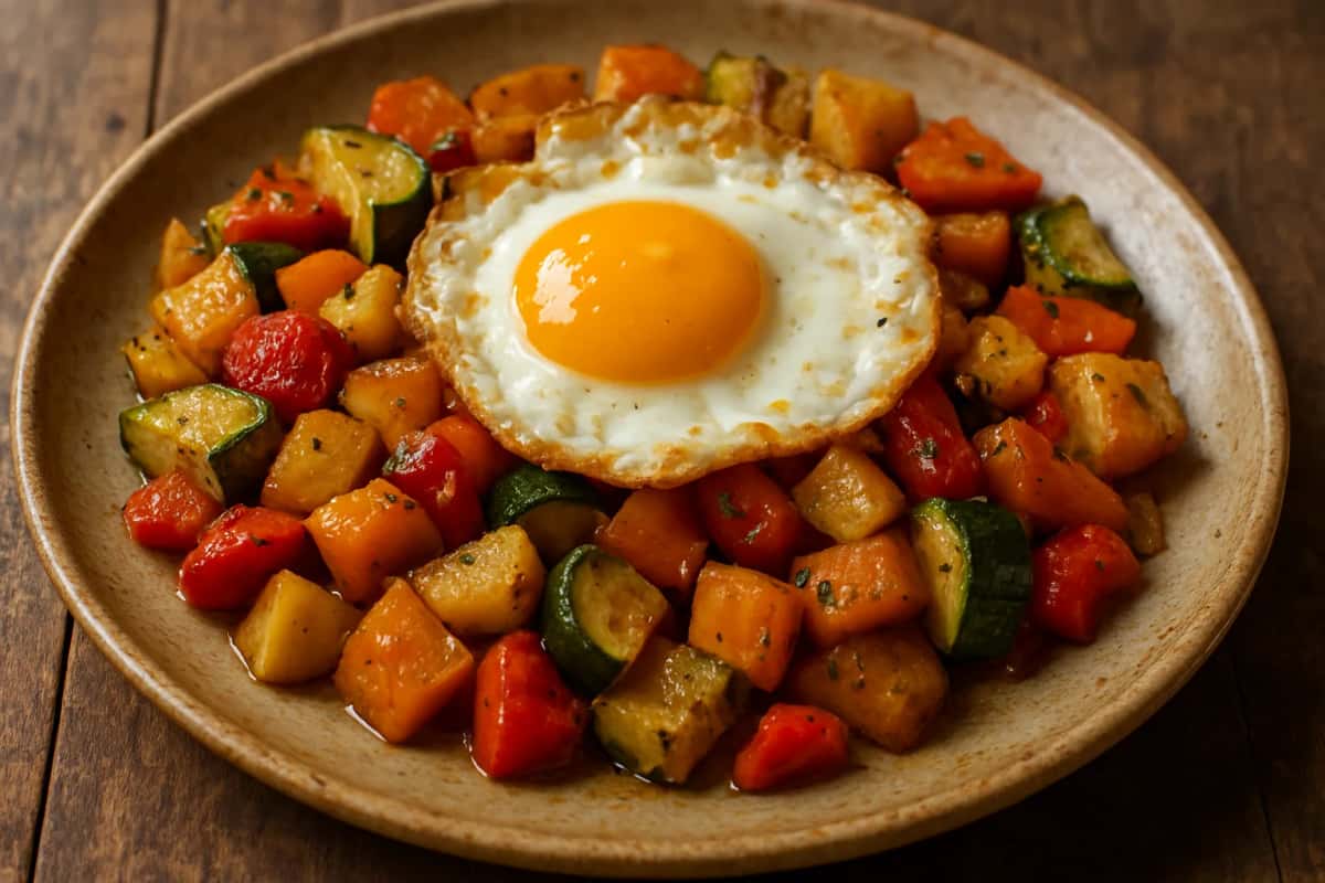Kafteji : légumes frits en dés et œuf au plat