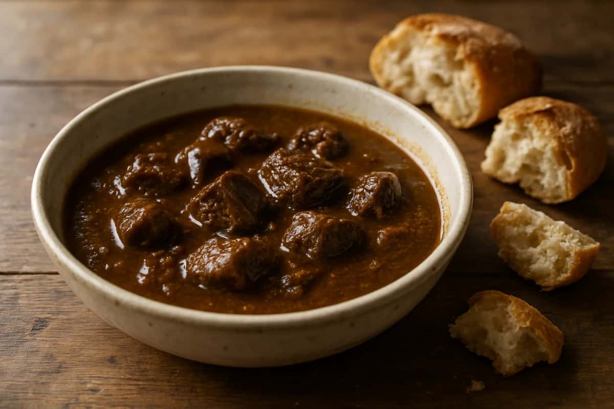 Kamounia tunisienne, ragoût de bœuf en sauce brune épaisse au cumin, servi avec du pain