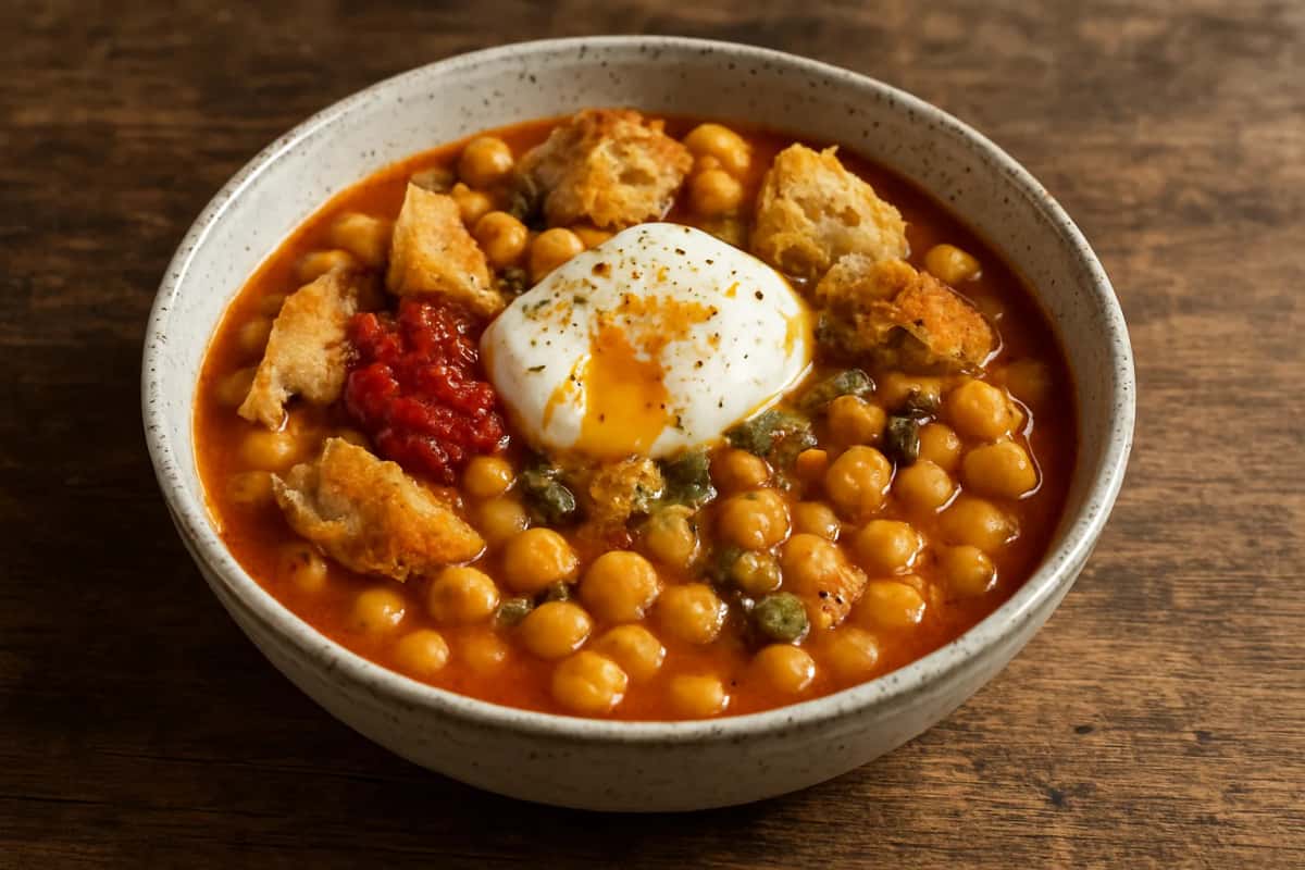 Bol de lablabi : pois chiches, pain, œuf poché et harissa