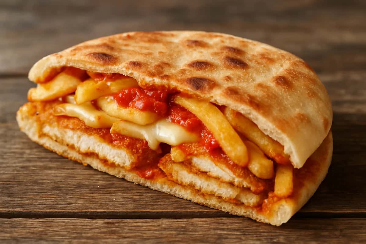 Makloub tunisien, pâte pliée en demi-lune coupée pour montrer l'escalope de poulet, le fromage fondu, les frites et la harissa
