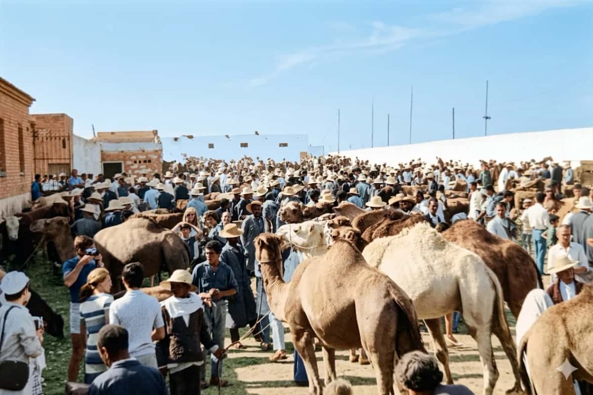 Foule et dromadaires au marché hebdomadaire de Nabeul, au Cap Bon
