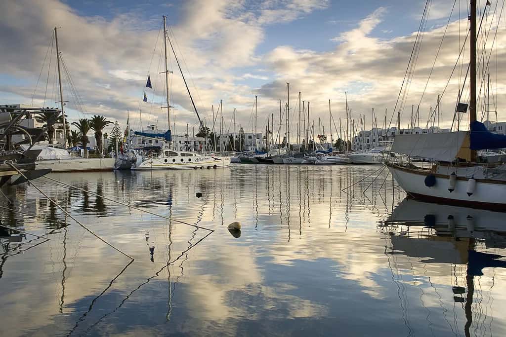 Voiliers et reflets dans le bassin de la marina de Port El Kantaoui, au petit matin