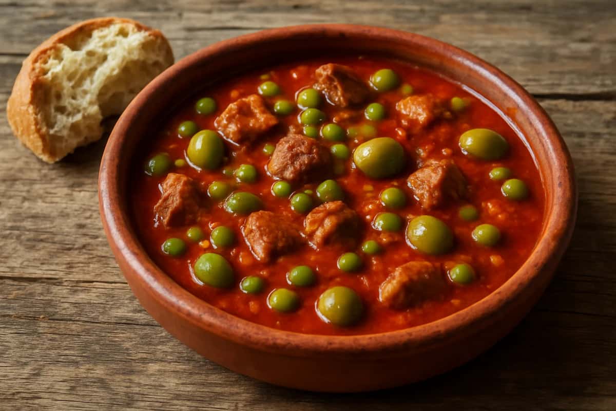 Marqa tunisienne, ragoût en sauce tomate avec viande, petits pois et olives dans un plat en terre cuite