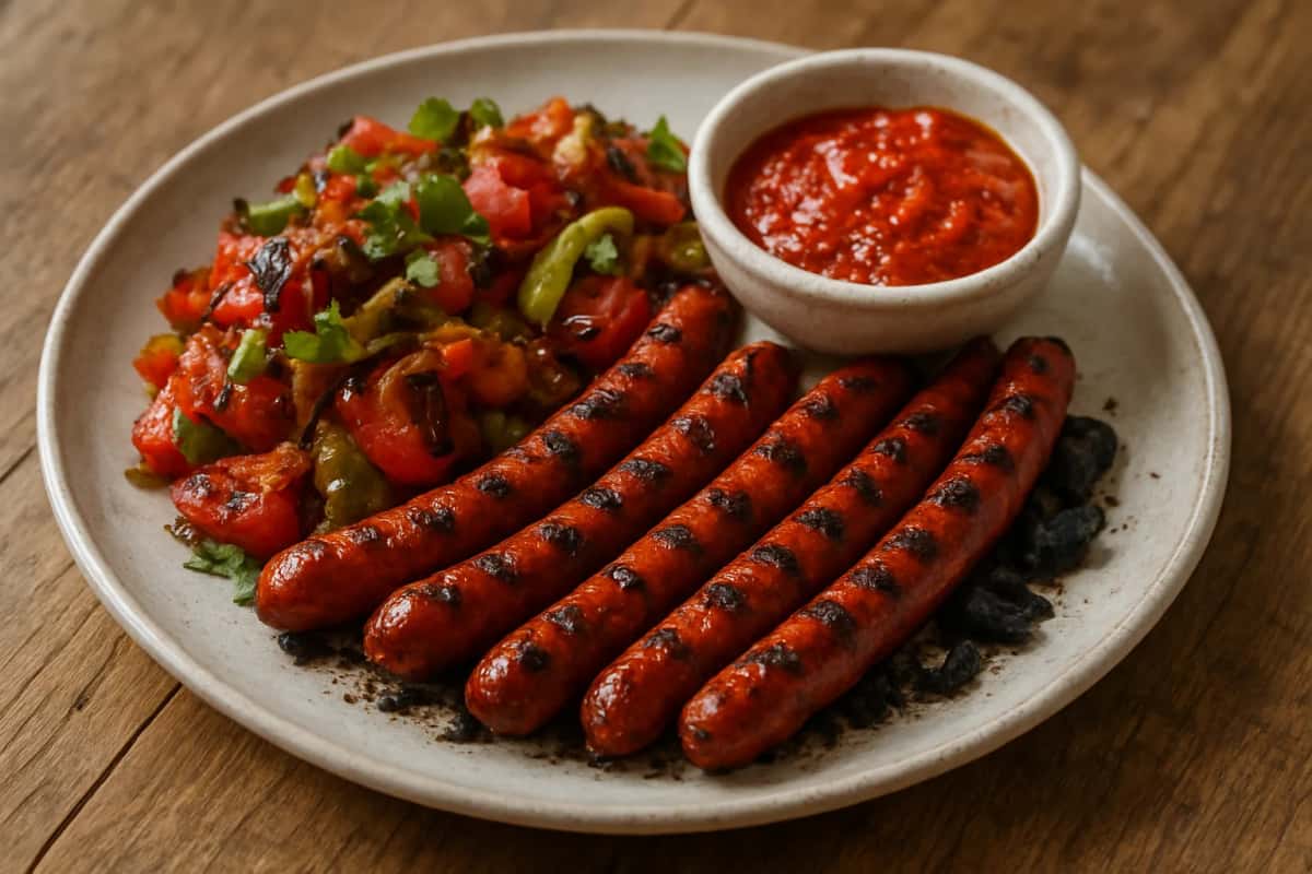 Merguez fines grillées au charbon, servies avec une salade méchouia et un bol de harissa