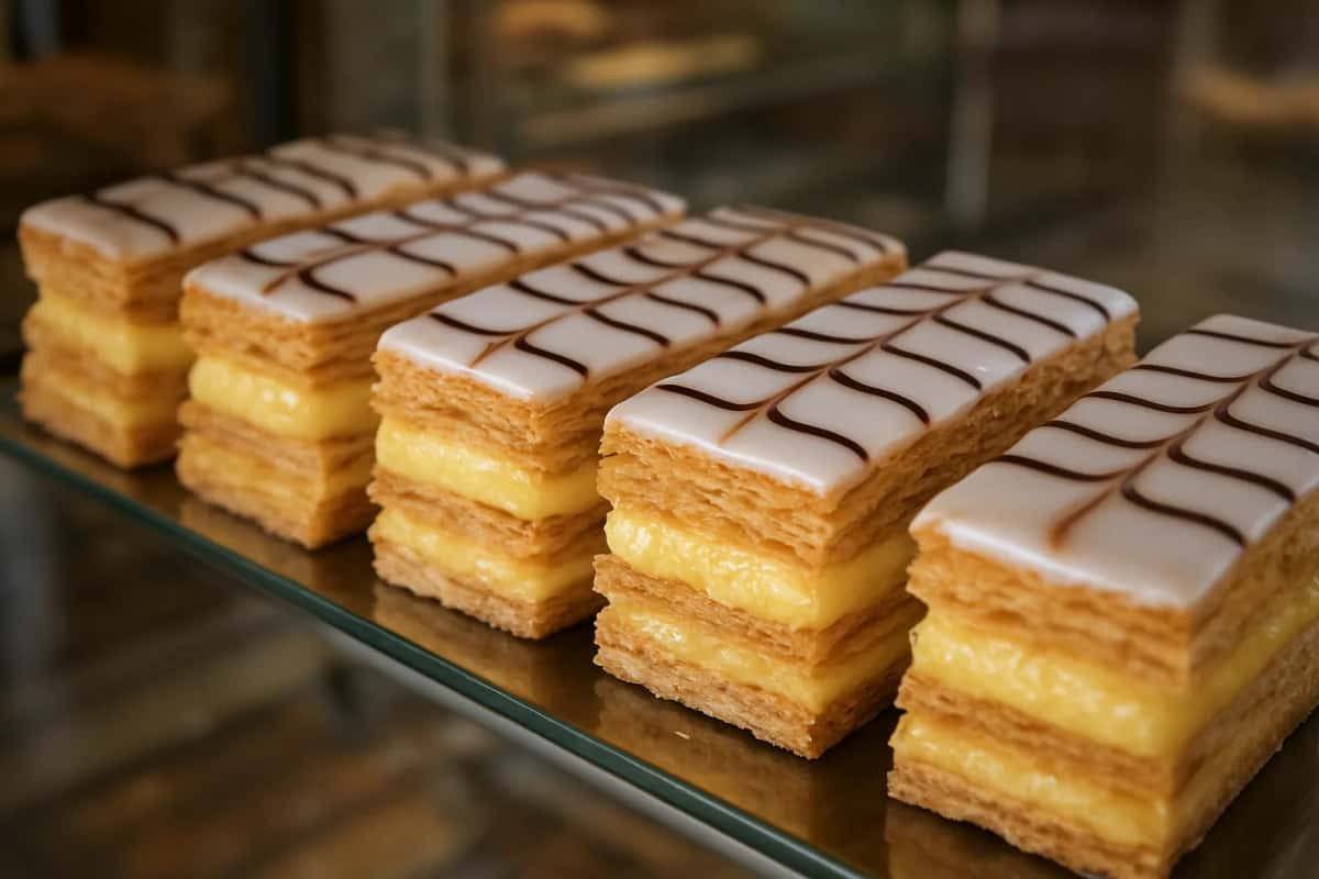 Mille-feuilles glacés dans la vitrine d'une pâtisserie tunisienne