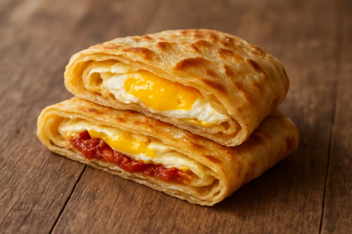 Mlawi tunisien, galette feuilletée dorée roulée avec œuf, fromage et harissa, coupée en deux