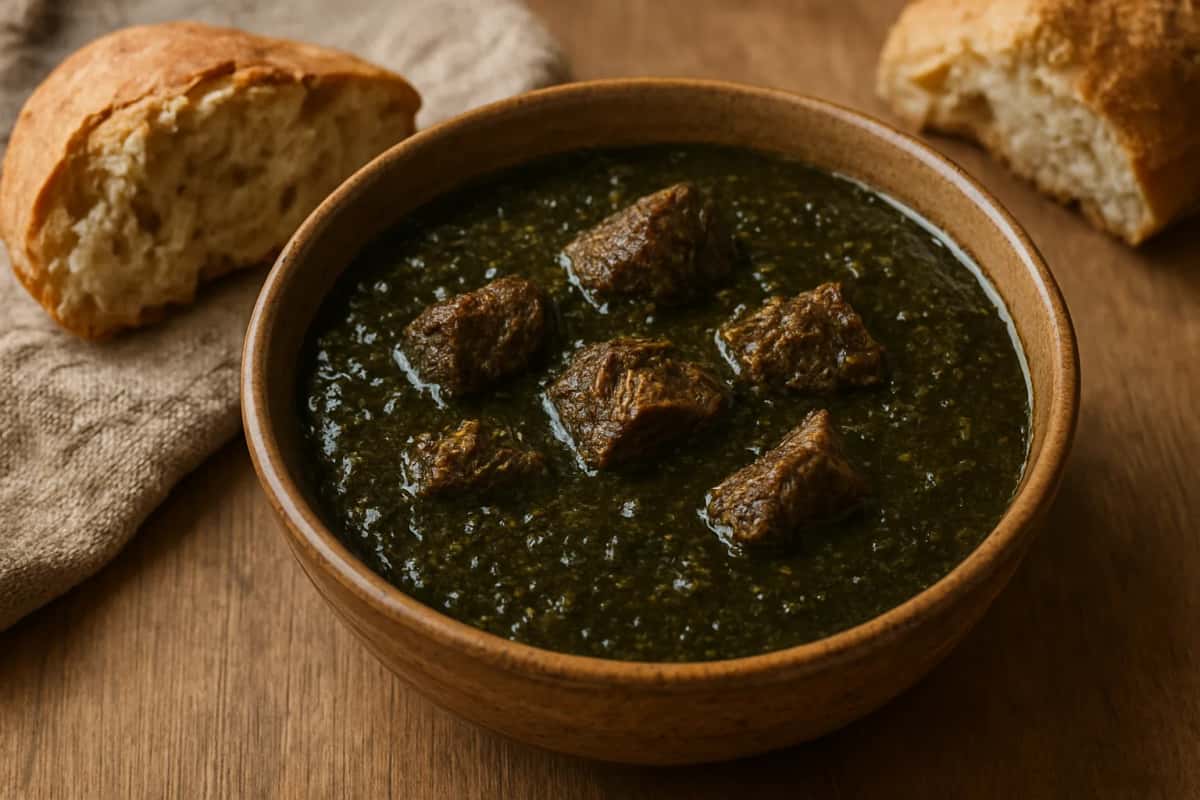 Mloukhia, ragoût vert très sombre à la viande, servi avec du pain