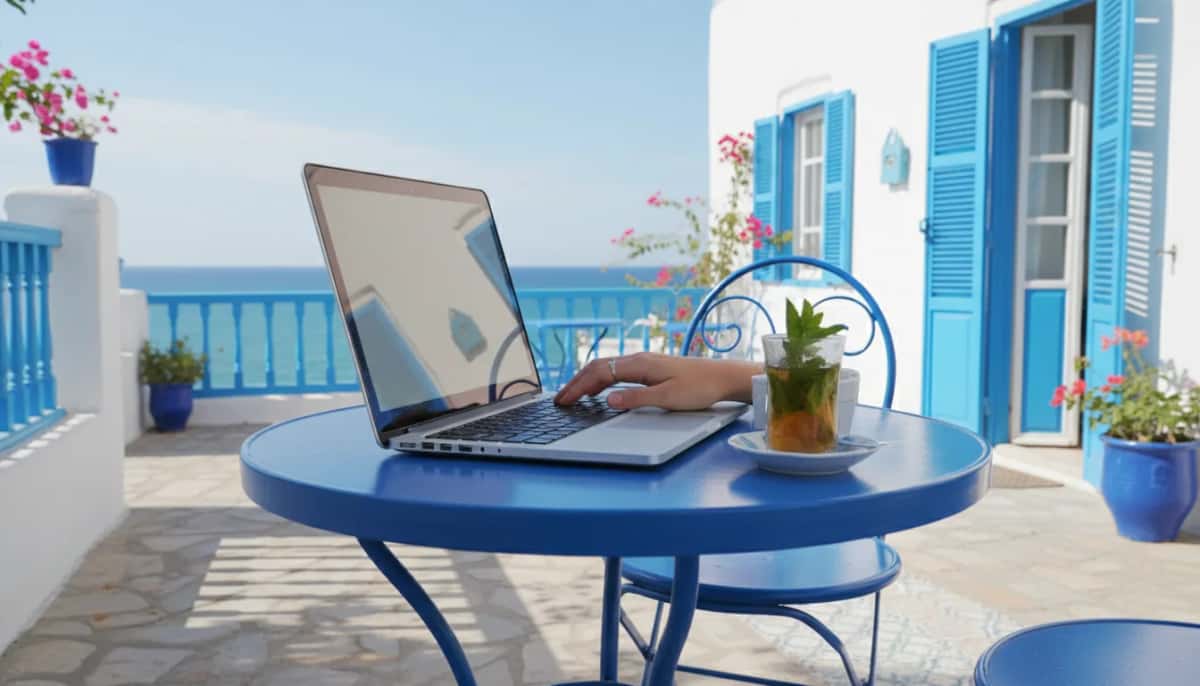 Ordinateur portable et verre de thé à la menthe sur une table bleue, sur une terrasse blanche face à la mer