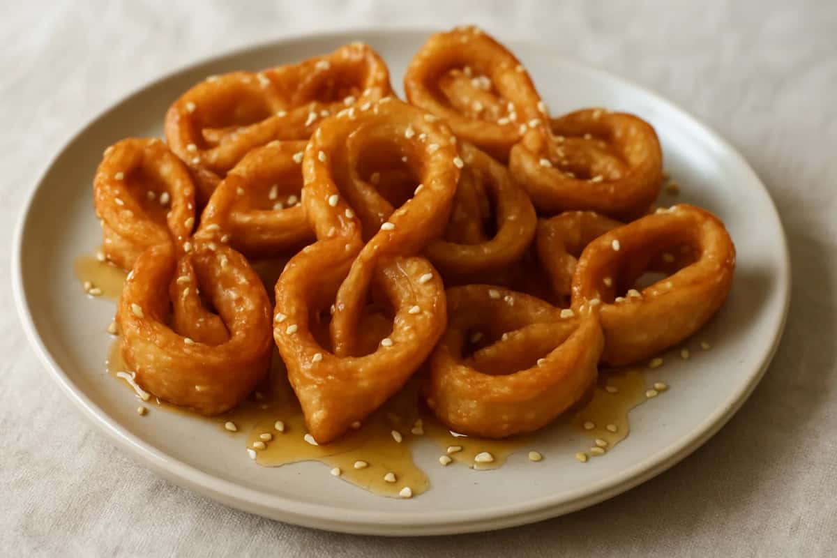 Oudhnine el kadhi : rubans de pâte frits et enroulés, nappés de miel et de sésame