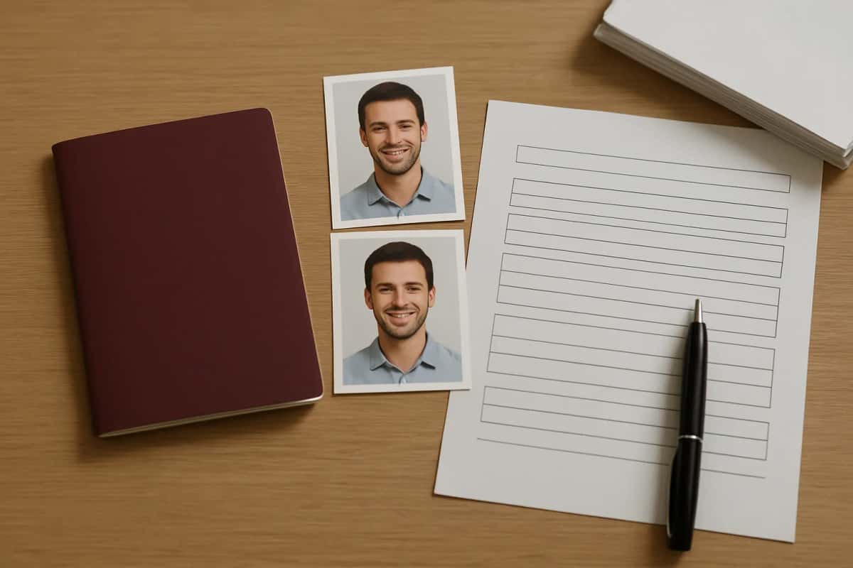Passeport, deux photos d'identité, formulaire vierge et stylo posés sur un bureau en bois