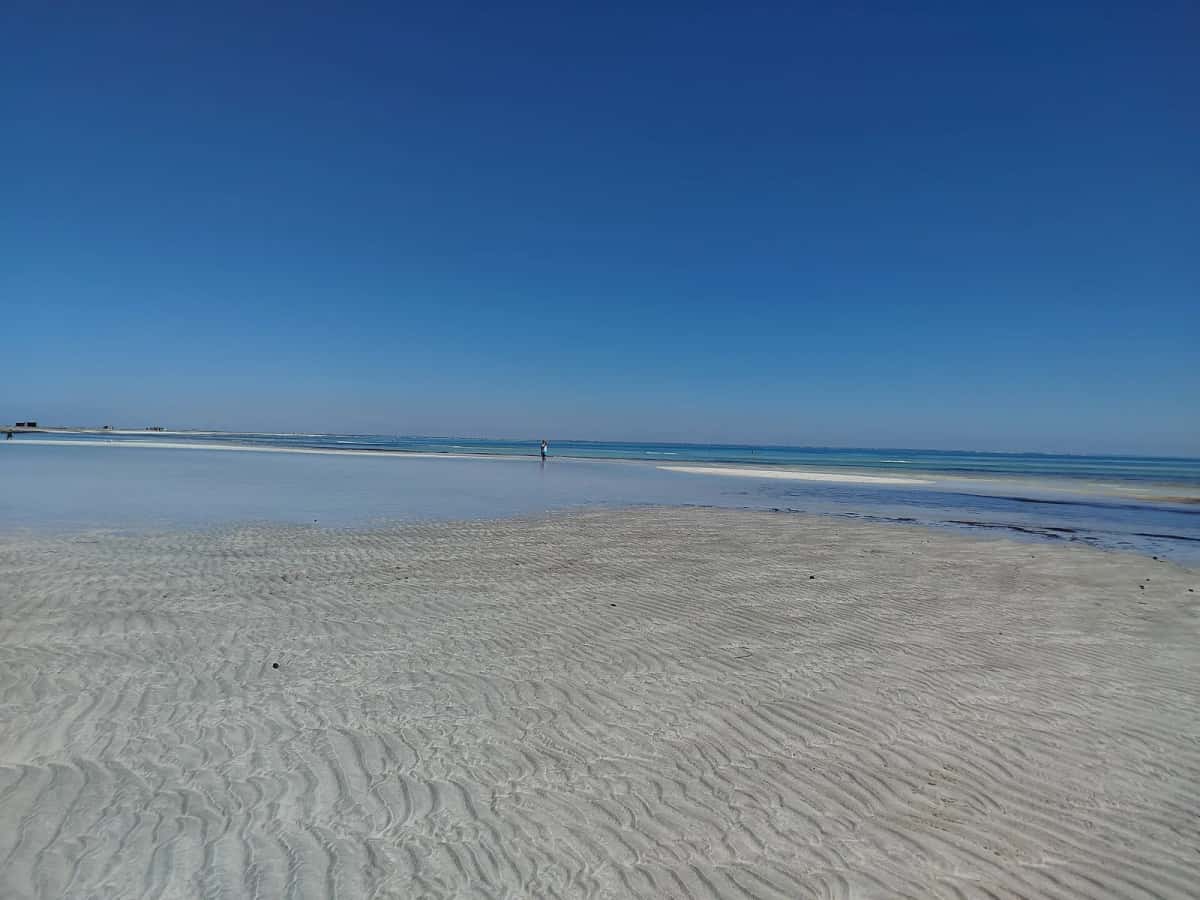 Plage de sable clair et mer calme à Hassi Jerbi, près de Zarzis, dans le sud de la Tunisie