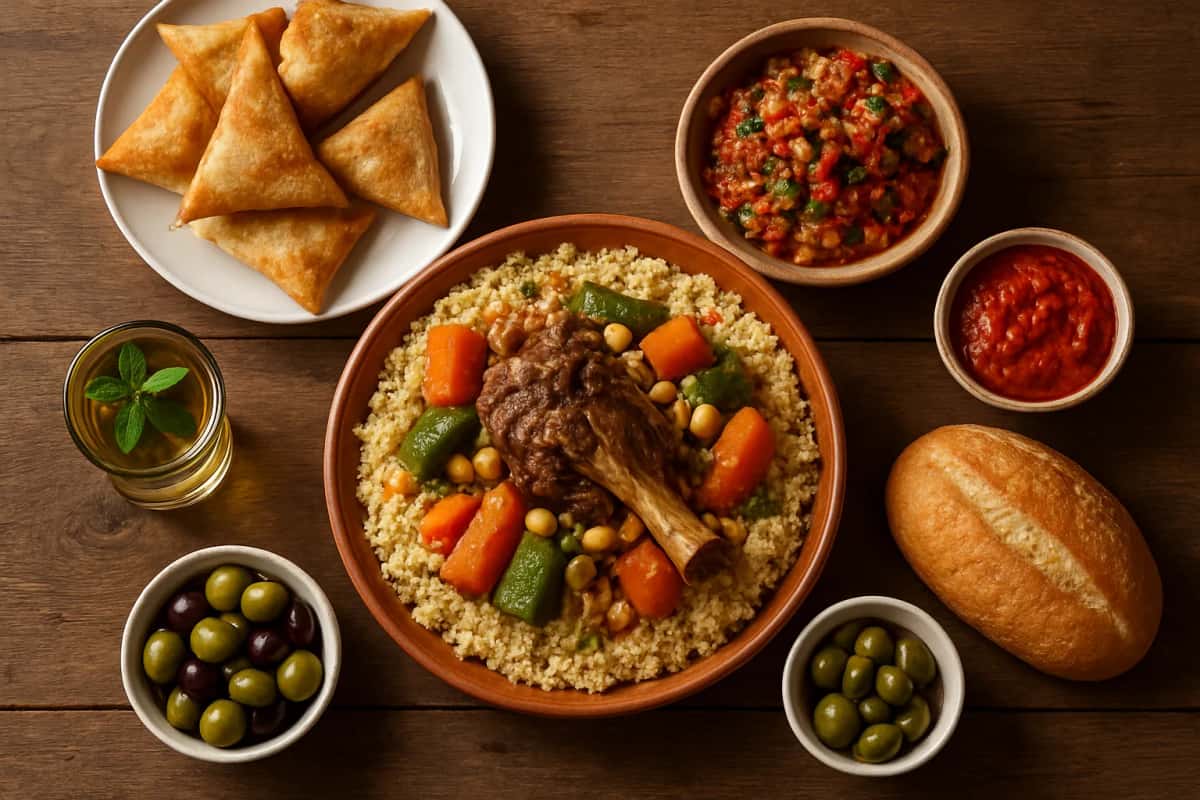 Table de plats tunisiens : couscous à l'agneau, briks, harissa, olives, pain et thé à la menthe