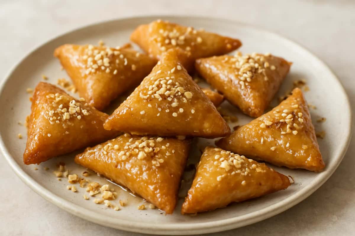 Samsa tunisiennes : triangles de pâte frits, nappés de sirop et parsemés de fruits secs