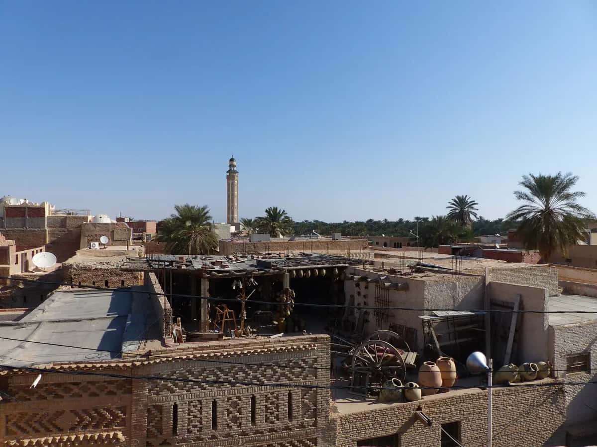 Les toits et les façades de brique de la médina de Tozeur, avec la palmeraie derrière