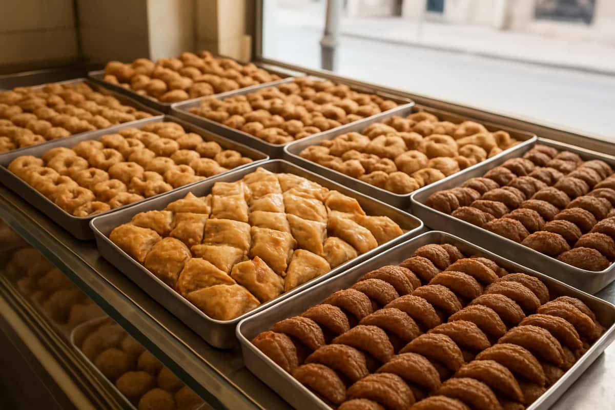 Vitrine d'une pâtisserie tunisienne : plateaux de baklawa, makroudh et gâteaux aux fruits secs